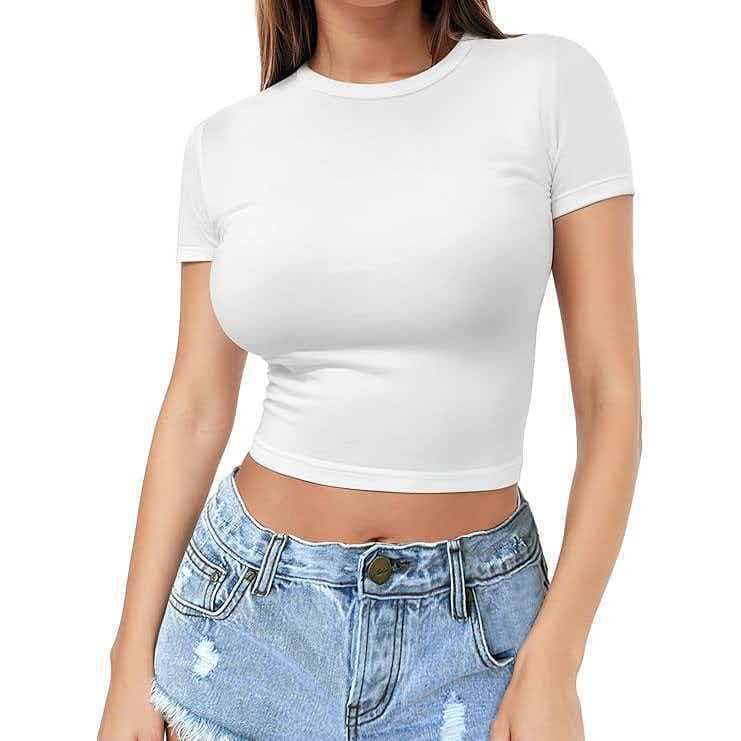 Jiangyi Cross-border Women's Crop Top Short Sleeve T-Shirt 2026 European and American Size Trendy Plus Size Top for Amazon