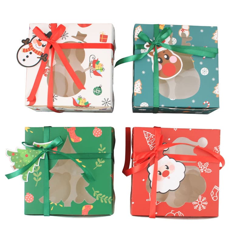 Christmas Transparent Window Muffin Box Cookie Box 4 Pieces Paper Cup Cake Inner Support Egg Tart Packaging Paper