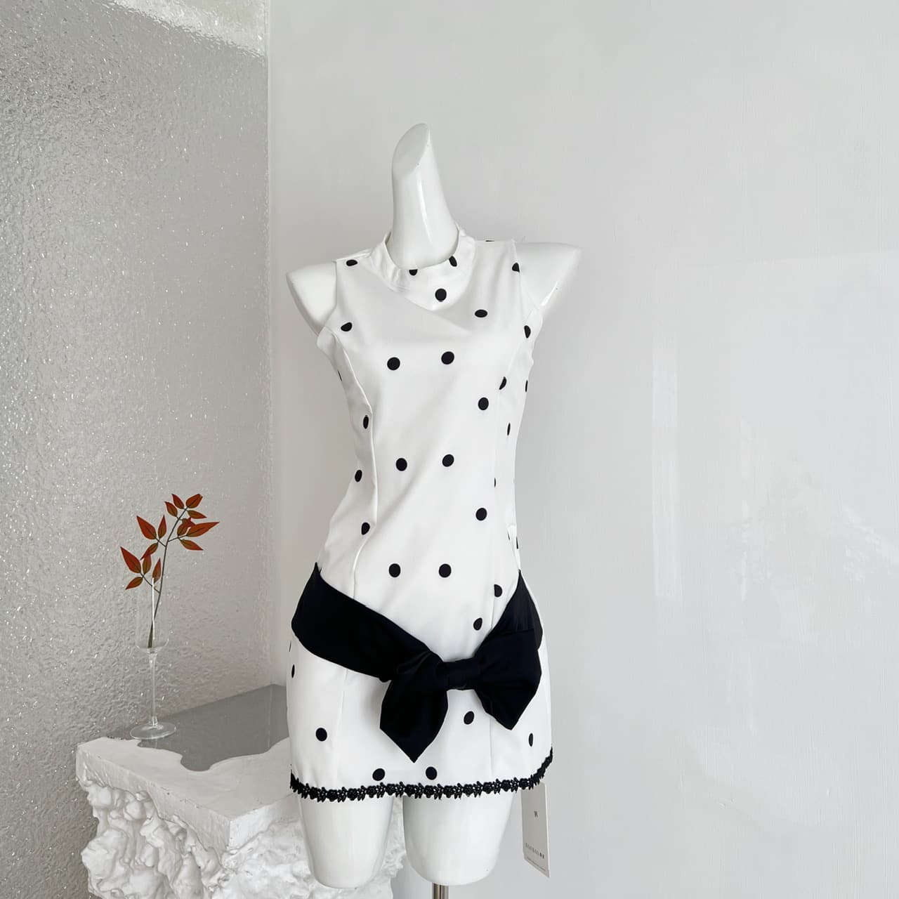 Early Spring Retro Sweet Cool Black and White Patchwork Design Bow Polka Dot Dress