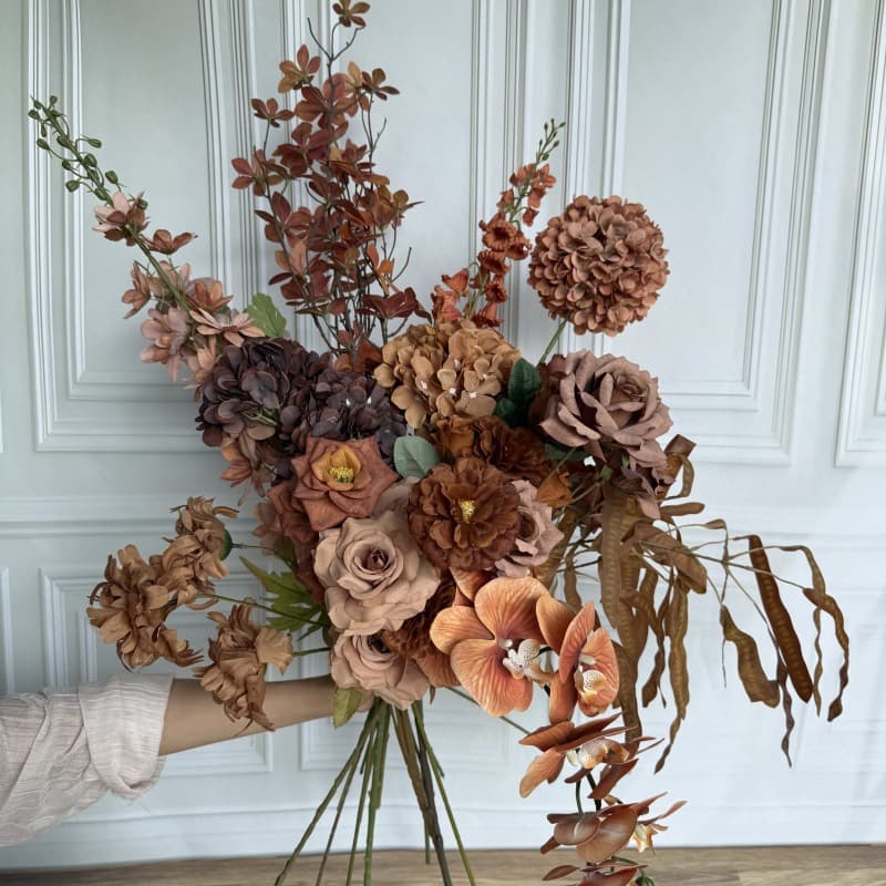 Coffee color artificial flowers Maillard color flowers wedding wedding flowers fake flowers autumn color soft decoration matching decoration scene