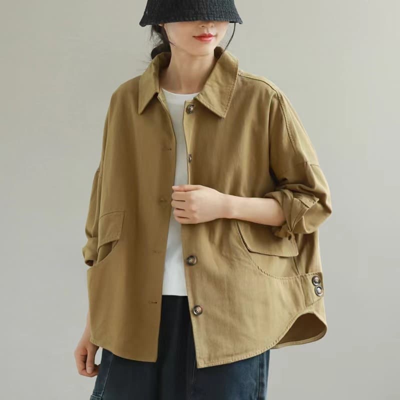 New Stylish Casual Autumn Jacket with Turn-down Collar, Single-breasted, Solid Color Cotton, Loose Long Sleeve Top
