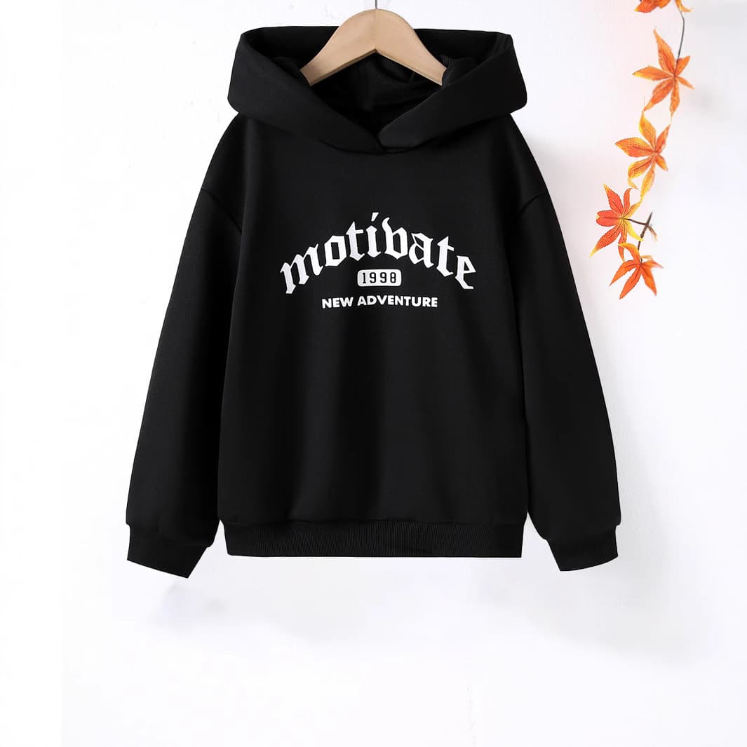 Boys' bunny ear hooded sweatshirt, spring and autumn letter print, western style casual sports pullover top, fashionable and versatile