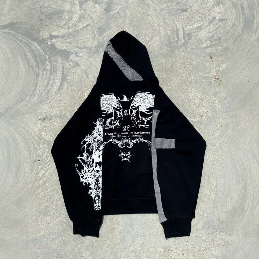 Cross-border European and American style dark black portrait printed hooded sweatshirt for men and women, American retro high street cardigan jacket