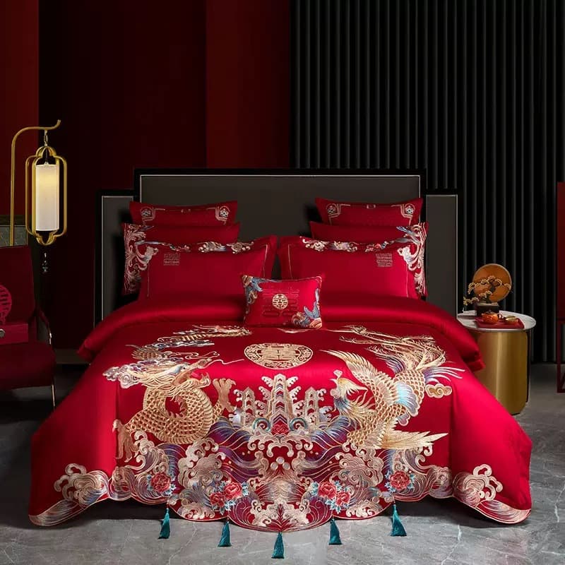 High-end wedding 160-count long-staple cotton satin jacquard embroidery four-piece set of 10-piece cotton wedding dowry six-piece set