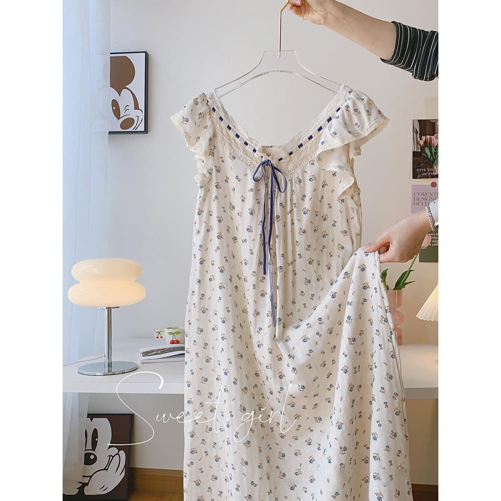 Pajamas with breast pads, women's summer short-sleeved nightgown, sweet mid-length floral home clothes, new cute cross-border wholesale