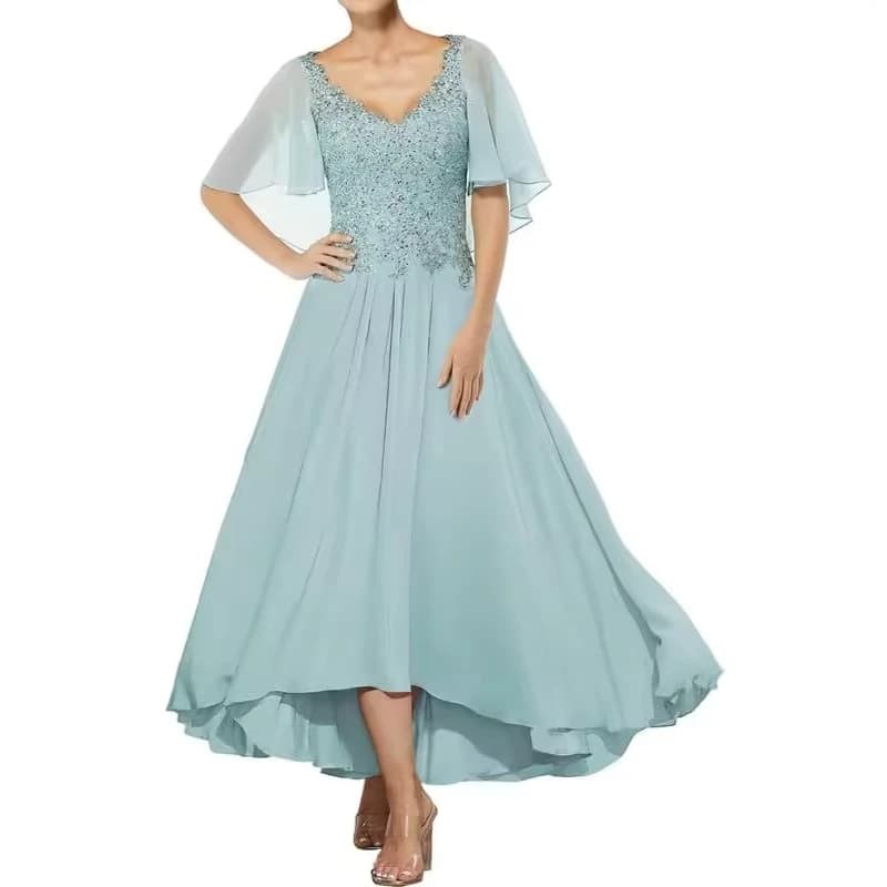 Evening dress for women 2026 new V-neck beaded short front and long back flying sleeves wedding mother's wear banquet dress