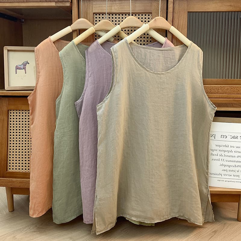 Actual shot of 2025 new light cotton and linen loose sleeveless vest for women, versatile summer inner wear, bottoming solid color shirt, trendy