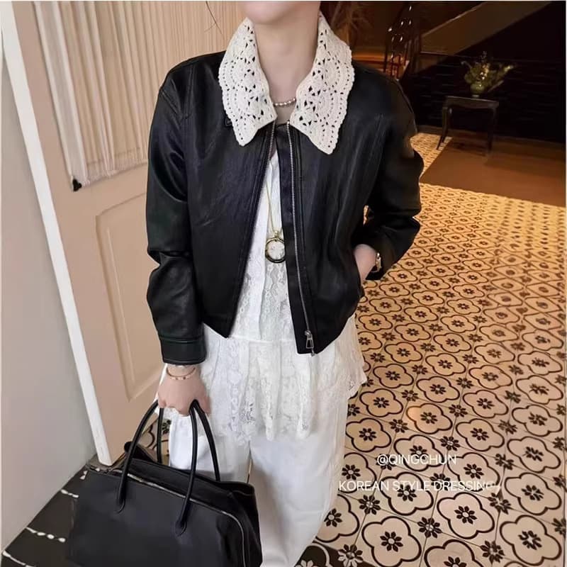 Korean style removable lace collar leather jacket for women 2026 spring new fashion versatile PU leather jacket trend