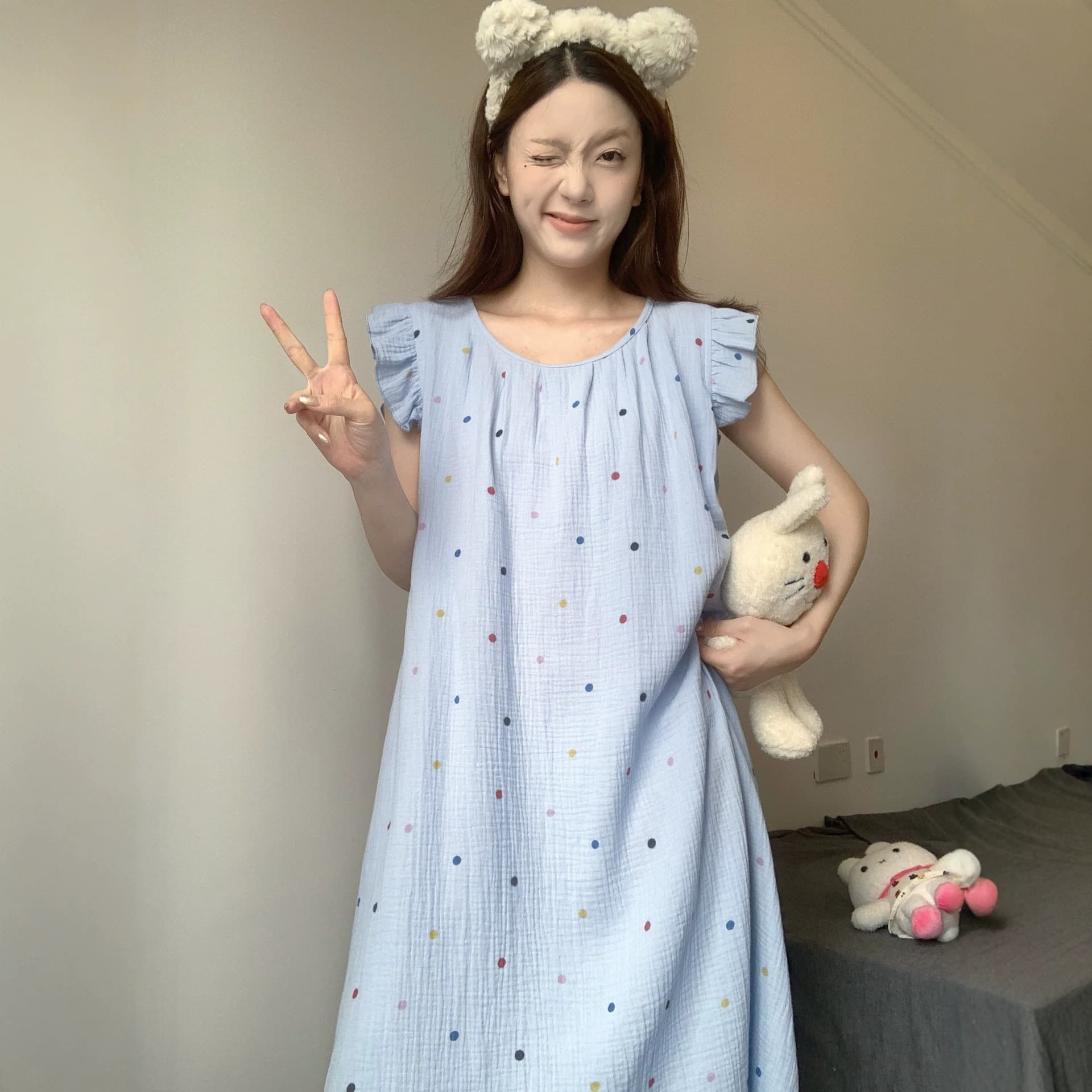 2026 New Summer Cotton Gauze Nightgown for Women Colorful Polka Dot Butterfly Sleeve Sleep Dress Loungewear