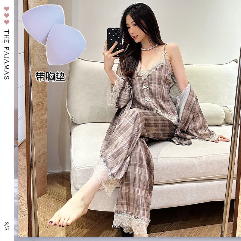 Sweet and Simple Plaid Three-Piece Pajama Set for Women, Pink and Khaki, New Ice Silk Skin-Friendly Loungewear
