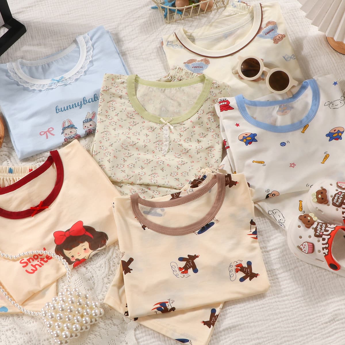 Kids Summer Thin Sleepwear Set, Baby Lyocell Short Sleeve Shorts Pajama Set for Boys and Girls, Cartoon Air Conditioning Wear for Toddlers and Children