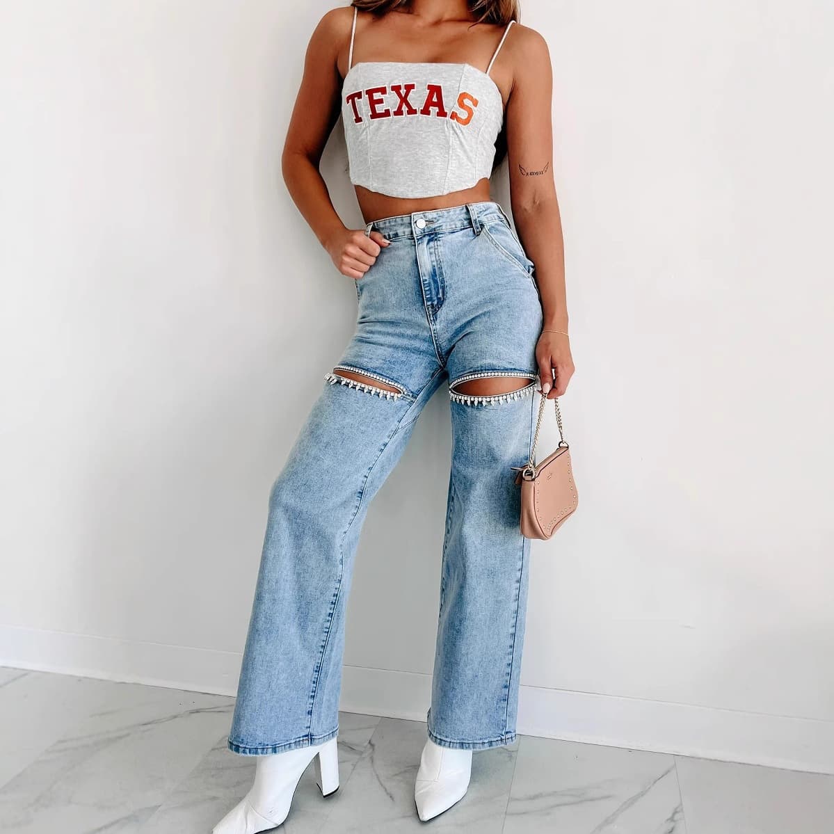 Cross-border Amazon eBay 2025 New Chain Ripped Straight Leg Jeans Washed Fashion High Waist Jeans for Women