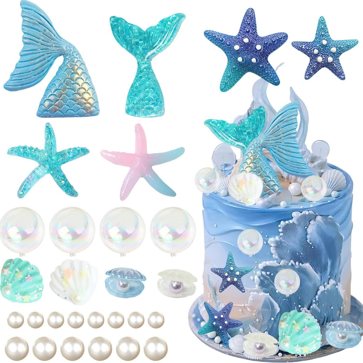 28-Piece Mermaid Cake Decorations Blue Fish Tail Ornaments Transparent Iridescent Pearl Ball Set Mermaid Party Decor