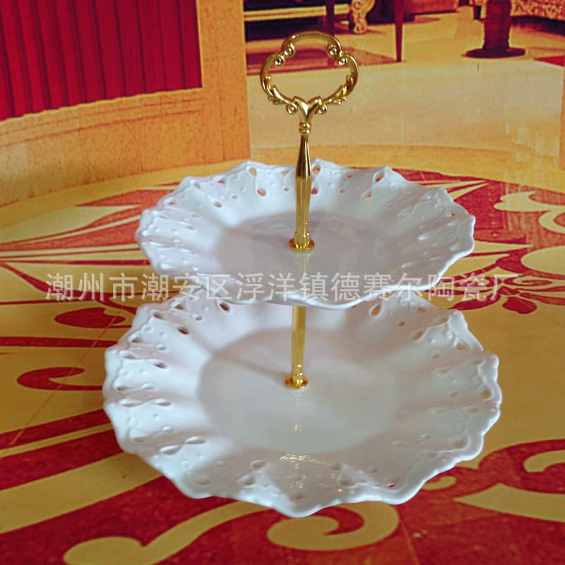 Ceramic Two-Layer Relief Hollow-Edge Fruit Cake Dessert Plate Afternoon Tea Lace String Plate Tableware