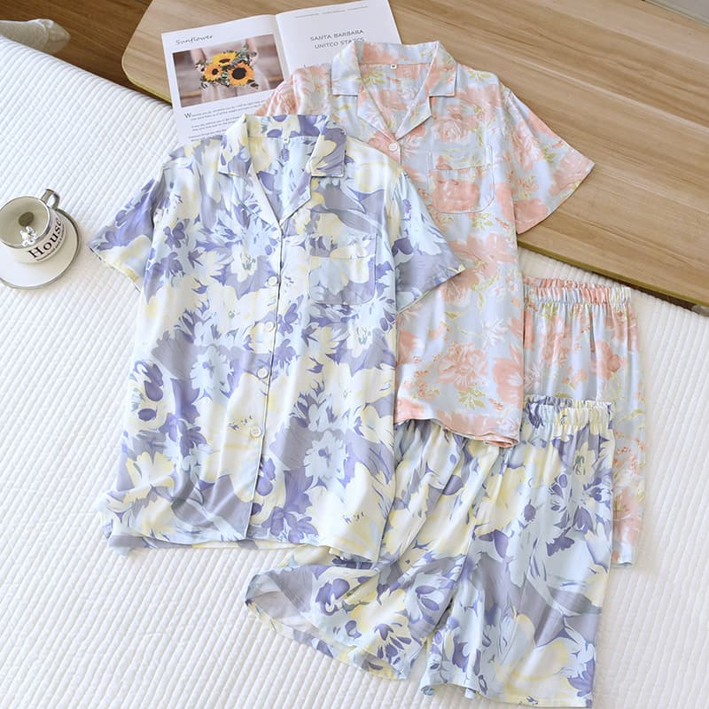 Digital Print Sateen Notched Collar Pajamas, Women's Short-Sleeve Short-Pants Long-Pants Summer Thin Cross-Border Custom Pattern Loungewear