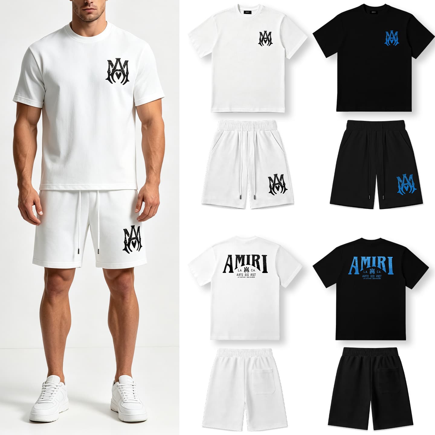 Amiri Summer Short Sleeve New Cross-Border Blue Letter AMIRI Rhinestone Logo Fashion Streetwear Trendy T-Shirt
