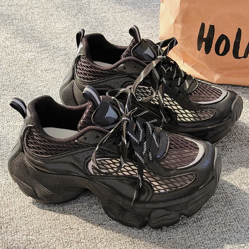 Black shoes, women's summer dad shoes, breathable mesh women's shoes with skirts, thick soles, heightening sports and casual shoes, trendy