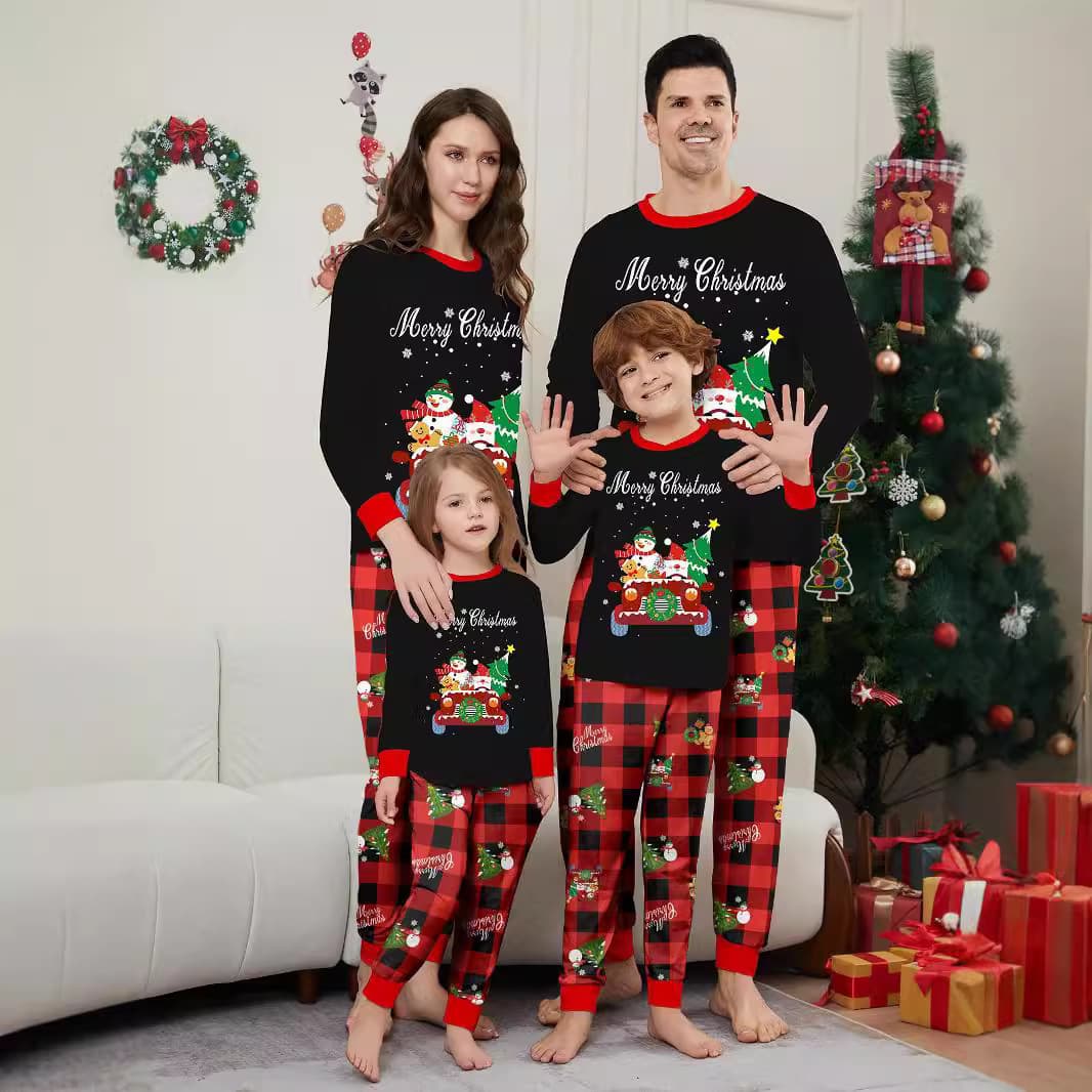 European and American style children's bodysuit, adult-child matching family clothing, car, snowman, Christmas tree printed homewear pajamas