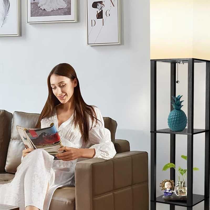 New Chinese style floor lamp living room room tea room USB charging socket LED bedroom decoration storage lamp wooden frame home
