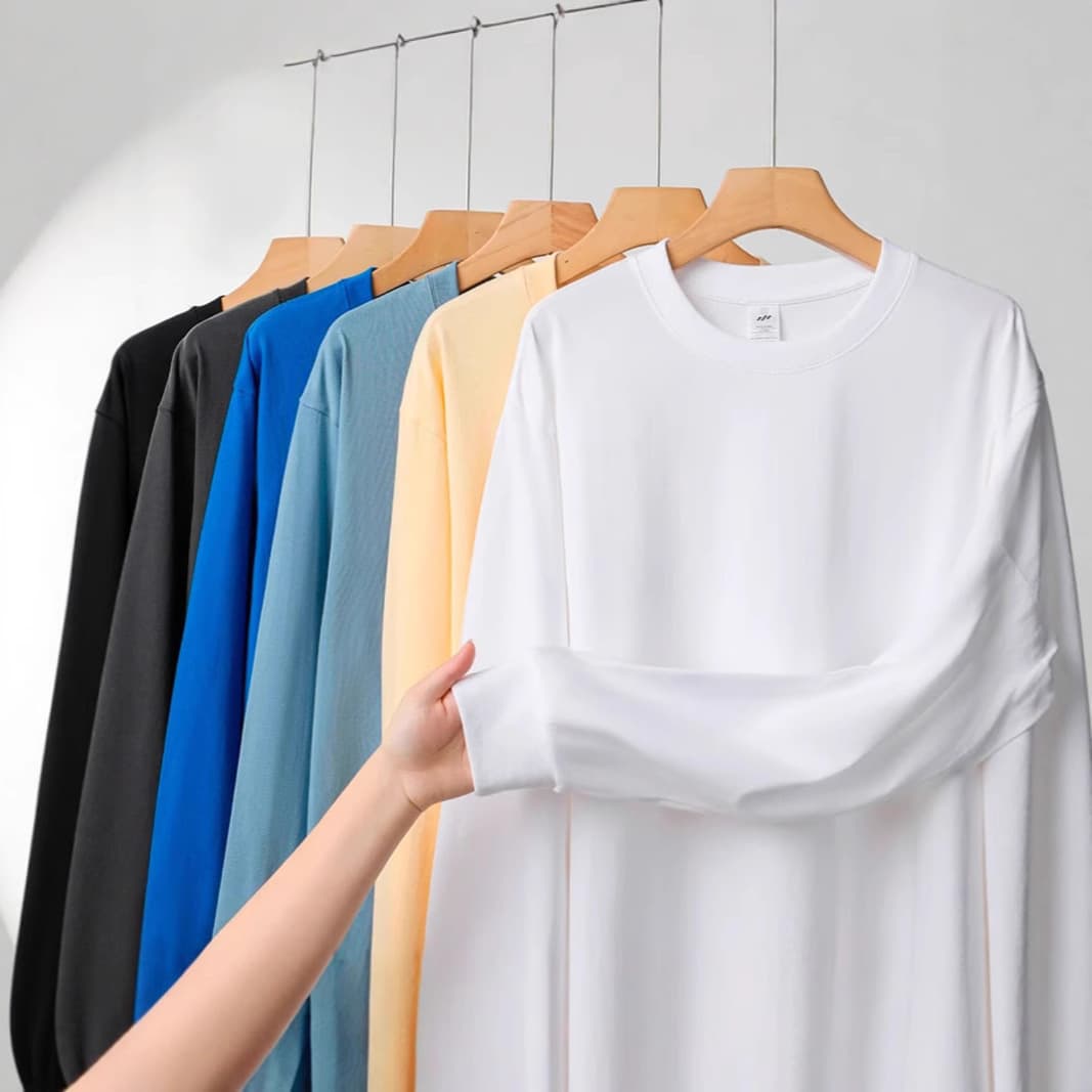 300g heavyweight cotton long-sleeved T-shirt men's loose solid color white autumn round neck bottoming shirt 32 pieces threaded cuffs