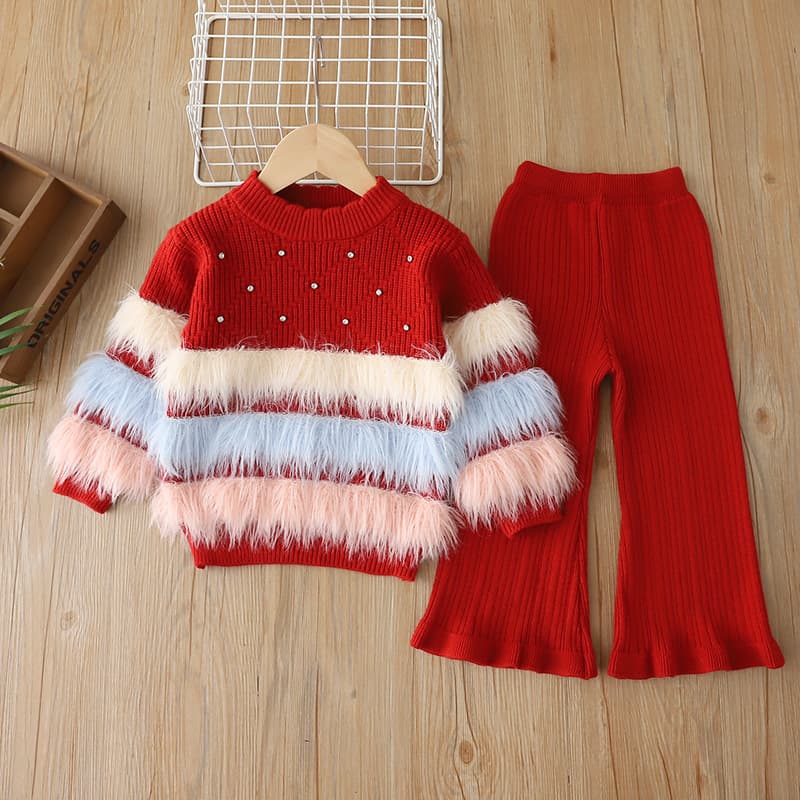 Cross-Border Girls Sweater Set Fall Winter 2026 Rhinestones Fuzzy Sweater Little Girls Flared Pants Knit Pullover Two-Piece Set