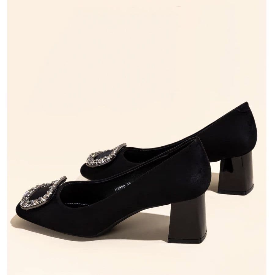 Black New High Heel Shoes, Women's New Style Temperament Square Toe Rhinestone Suede Versatile Commuter Chunky Heel Single Shoes, Microfiber Leather