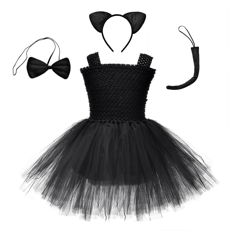 Halloween Cat Dress Set for Kids, Girls Tutu Costume with Cat Face Stickers