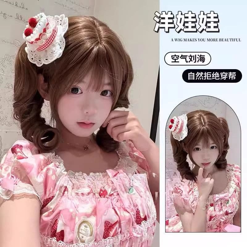 Lolita Wig Detachable Twin Tails Headpiece Youthful Bangs Long Curly Hair Everyday Roman Full Wig Cap