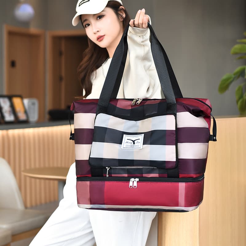 Large Capacity Foldable Travel Bag Check Pattern Fitness Bag Handheld Luggage Bag for Short Trips Fashionable Single Shoulder Bag