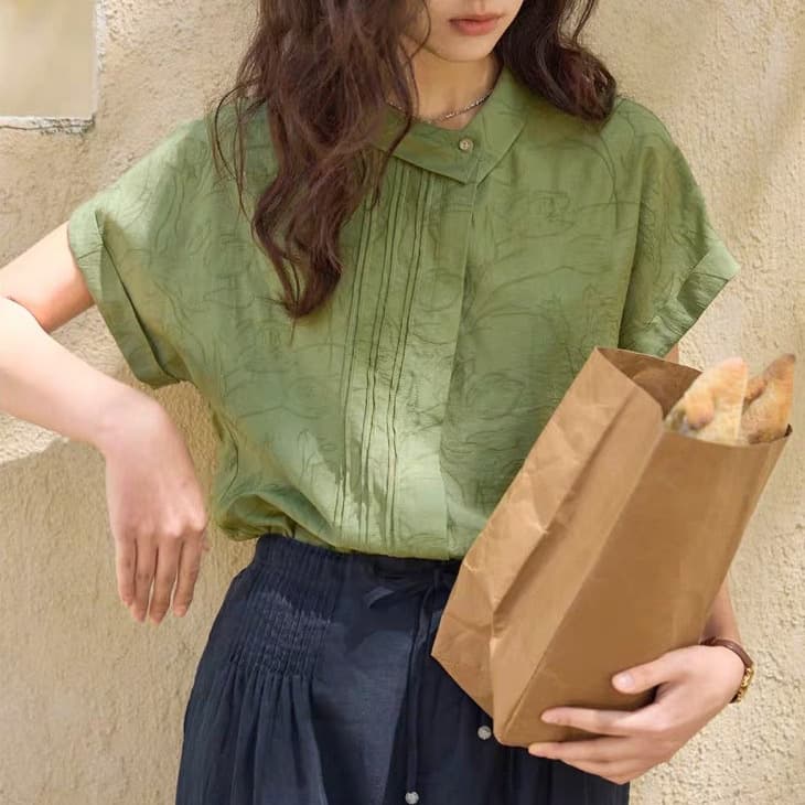 [New Arrival Limited Time 15% Off] solighter French Linen Jacquard Asymmetrical Lapel Short Sleeve Blouse for Women