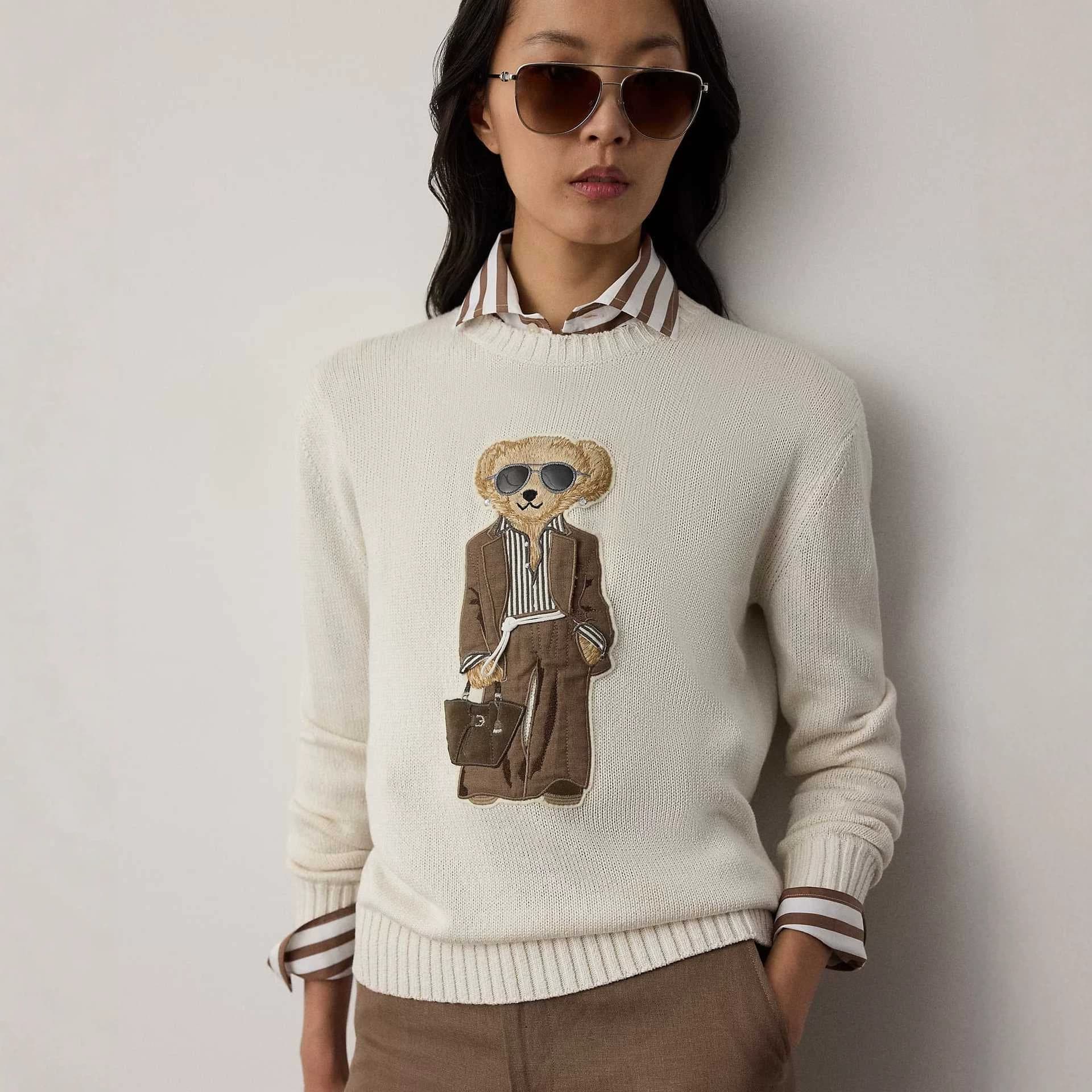 2026 Cross-Border Hot Heavyweight Suit Bear Embroidery Sweater, Women's Crew Neck Loose Knitwear, Cross-Border Bulk Available