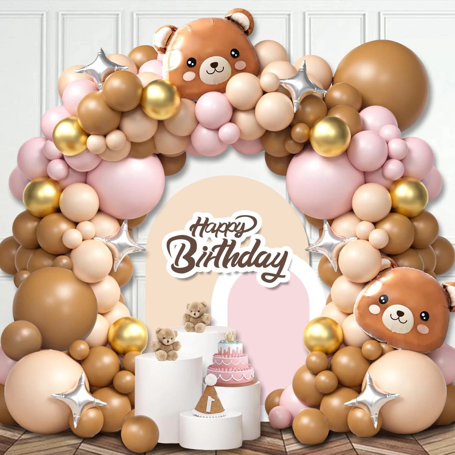 New Bear Balloon Set in Light Pink and Tan Colors for Baby Shower Birthday Party Decoration Scene Setup