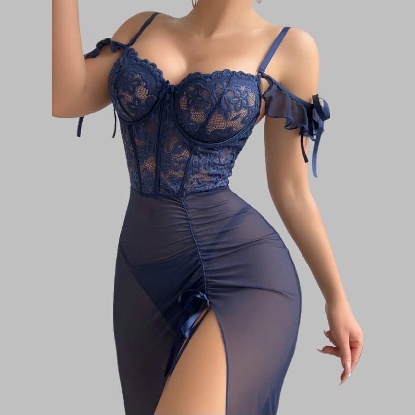 Cross-border Stock Sexy Sheer Lingerie Mesh Bodycon Dress Lace Suspender Nightgown for Women