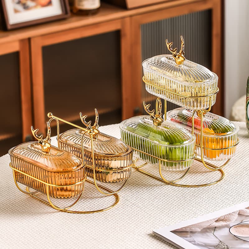 Luxury Gold Deer Antler Fruit Basket Home Living Room Coffee Table Creative Compartment Fruit Tray with Lid Snack Dried Fruit Storage Plate