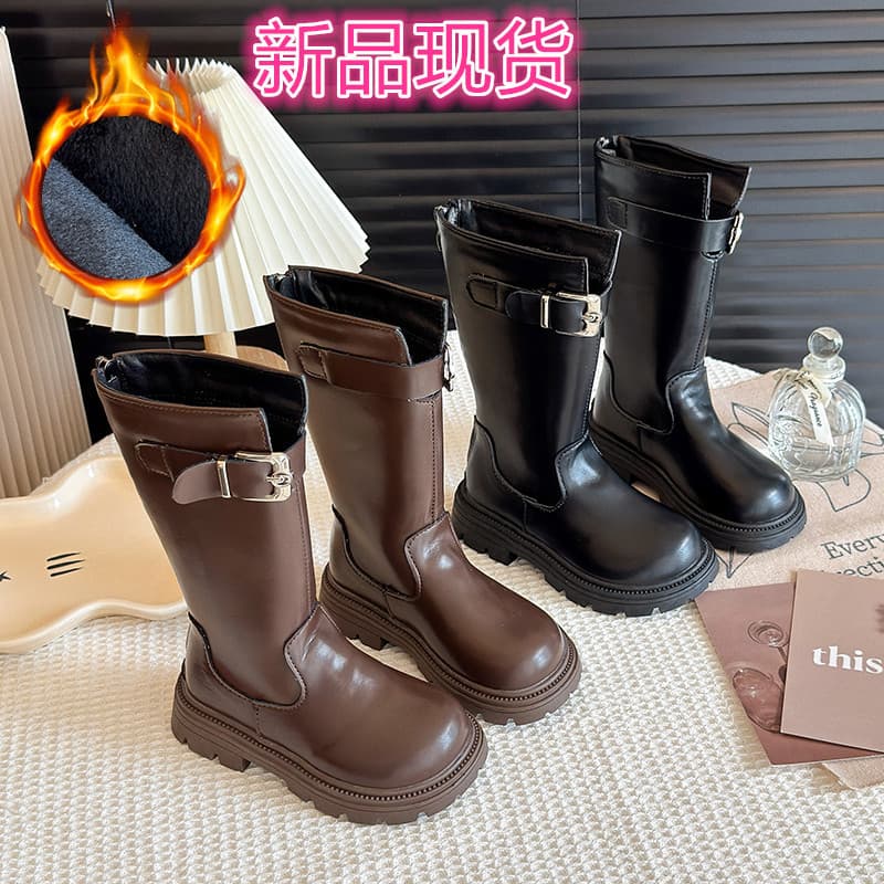 Girls high boots 2025 winter children's fashion boots thickened warm soft sole small and medium-sized children's princess leather boots in stock