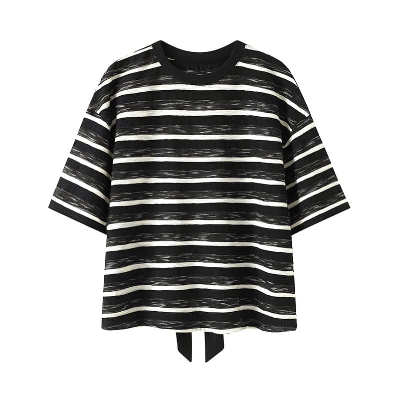 Black and White Striped Bow Short Sleeve T-Shirt 2025 Summer New Women's Designer Loose Top KSD2306007