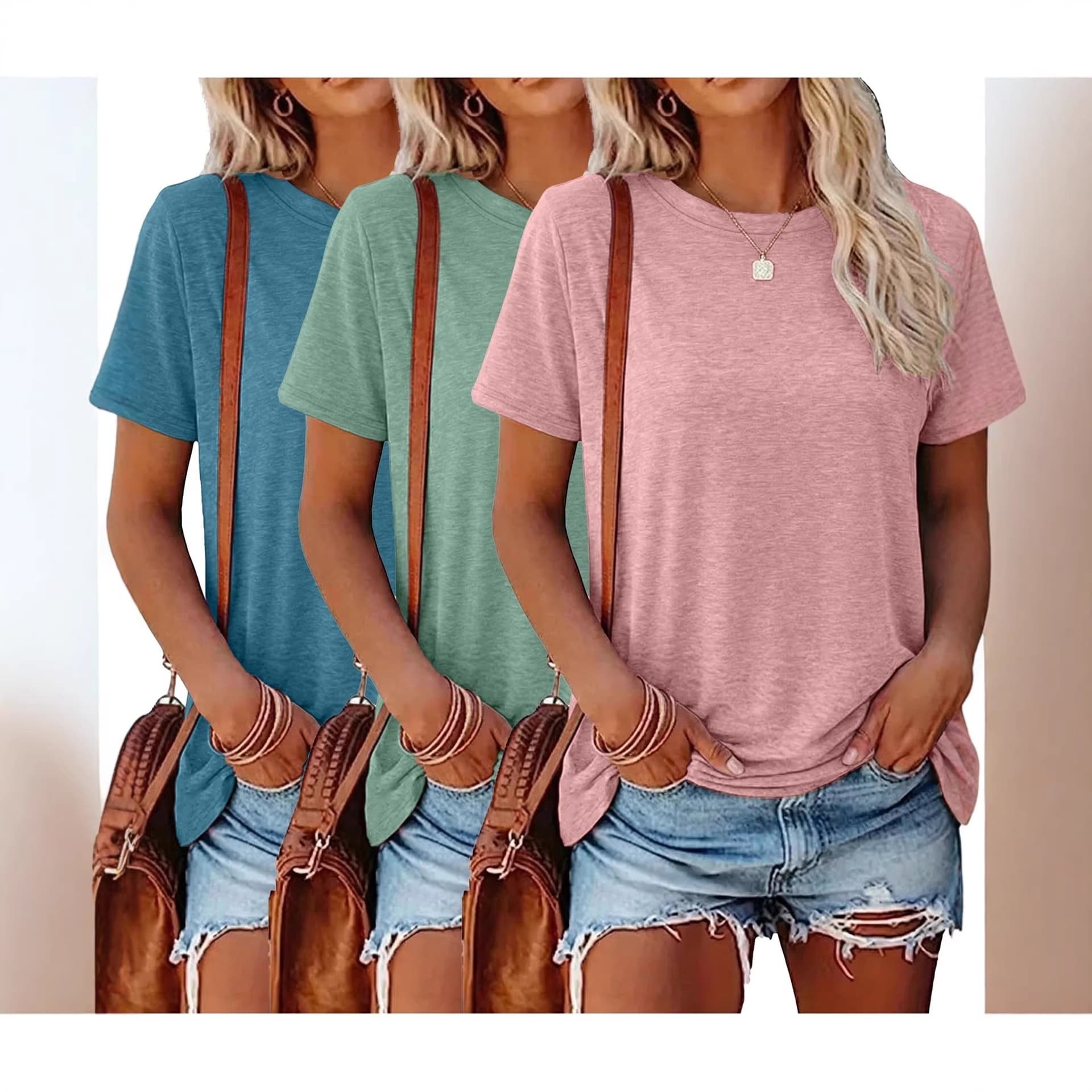 3-Pack T-Shirts Women Spring Summer New Casual Simple Solid Color Crew Neck Women's T-Shirts Multi-Color Breathable Machine Washable
