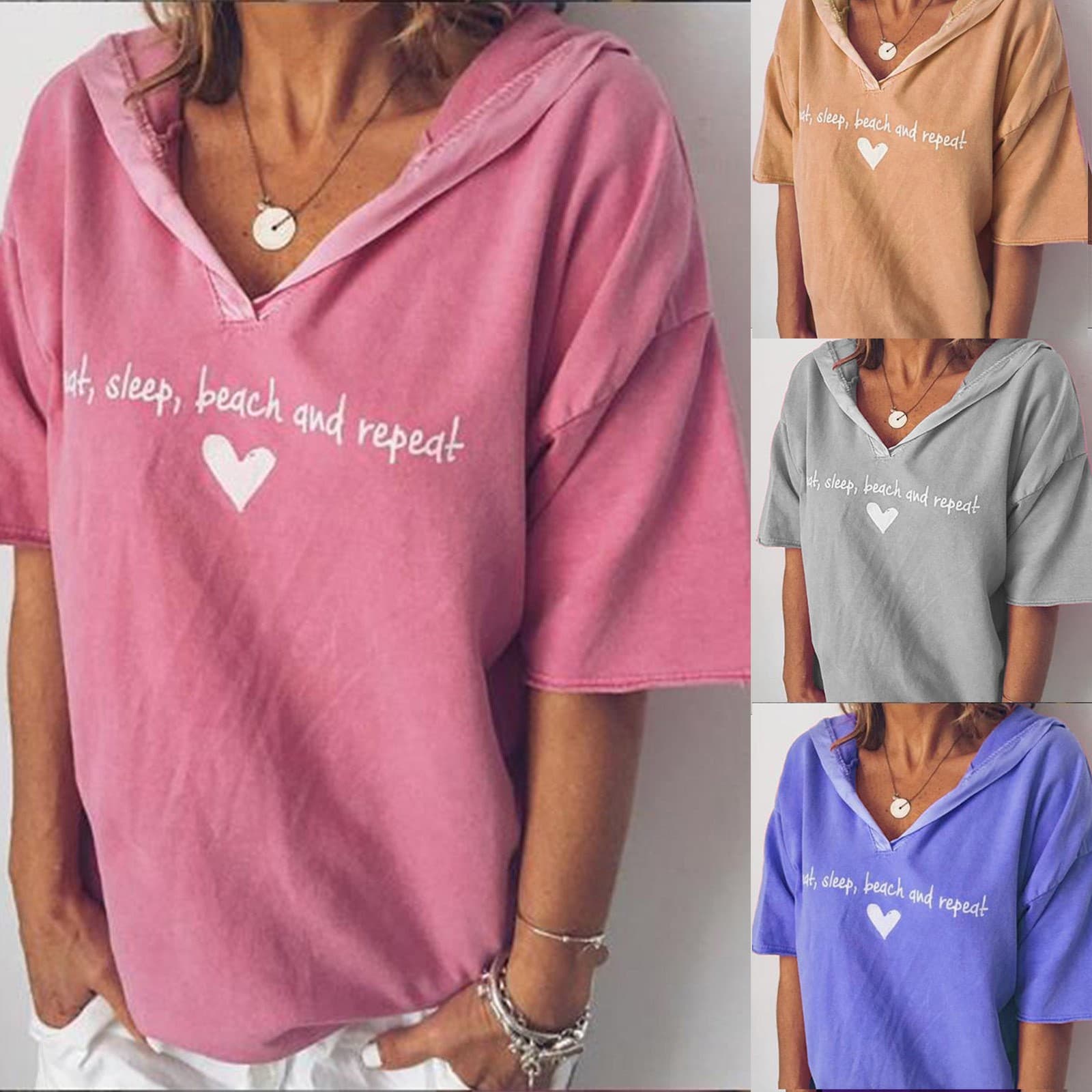 In Stock! European and American Wish Casual Women's Solid Color Letter Print Hooded Short Sleeve T-Shirt Plus Size Top