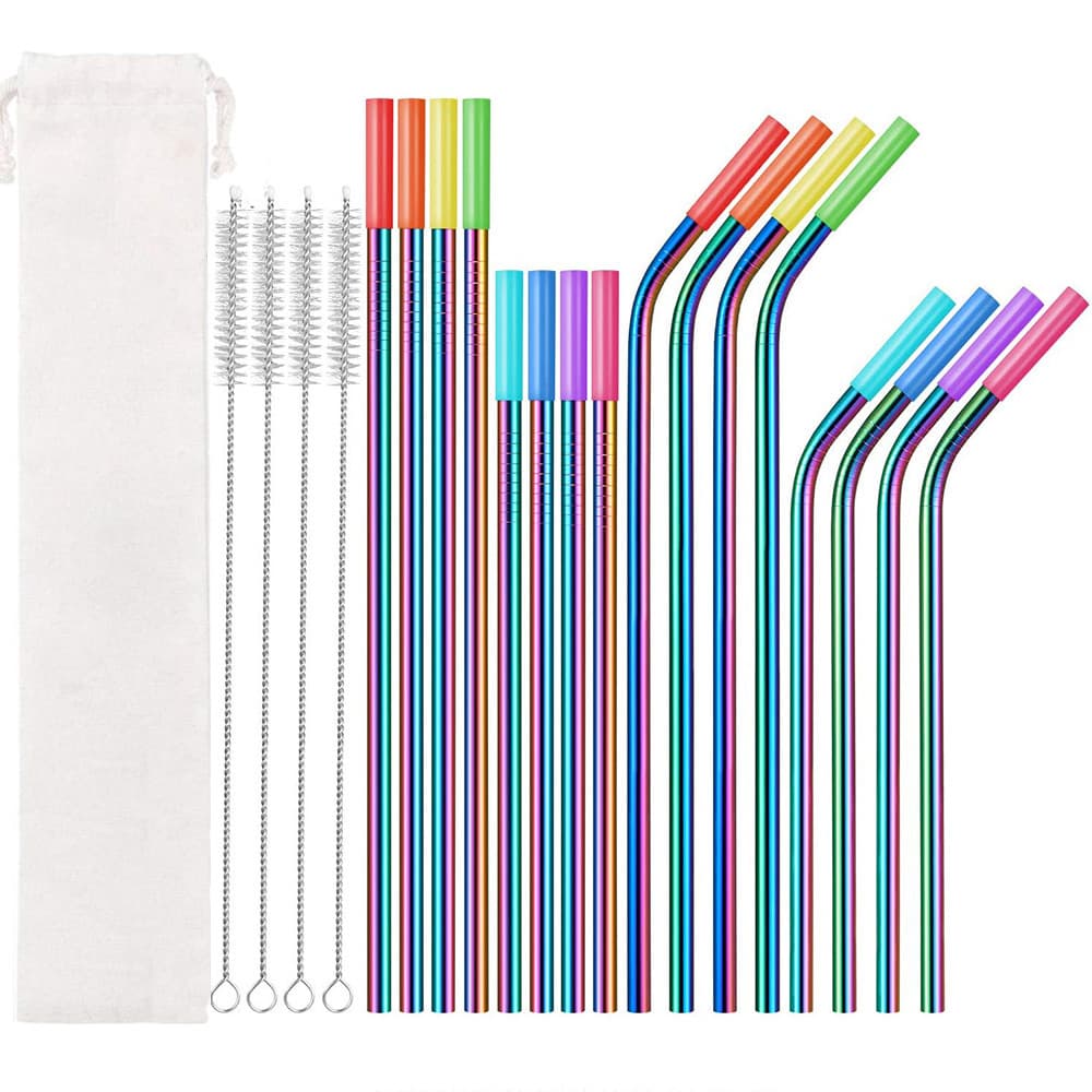 Stainless steel 304 straw set, titanium-plated, colored milk tea straws, beverage coffee straws, silicone nozzle set.