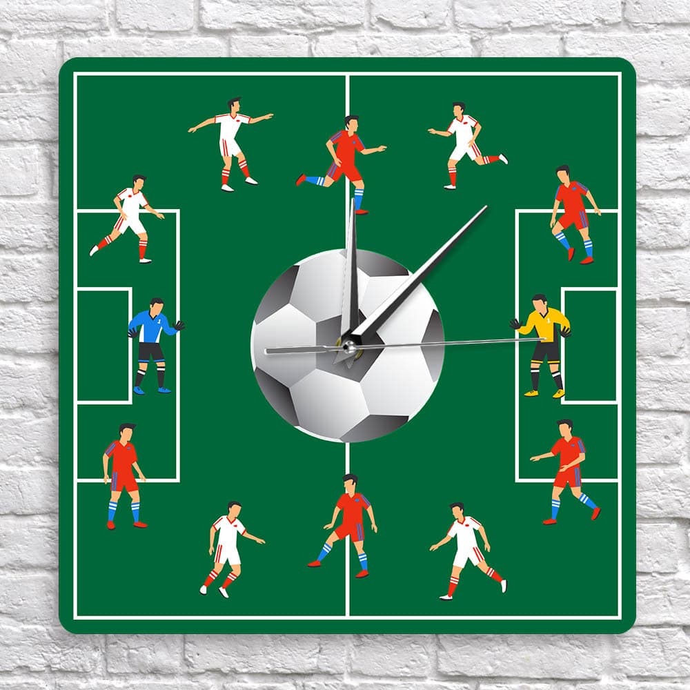 Football-Themed Wall Clock Green Football Field Red and White Athletes Background Clock Home Living Room Decoration Wall Clock Cross-Border