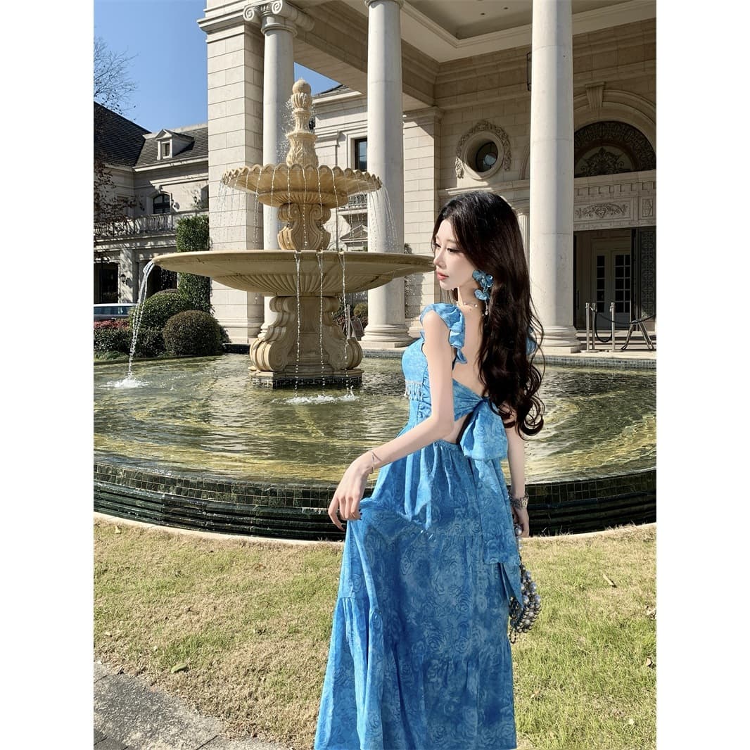 Wild Rose/Long Blue Oil Painting Rose Backless Suspender Dress Women's Summer French Skirt