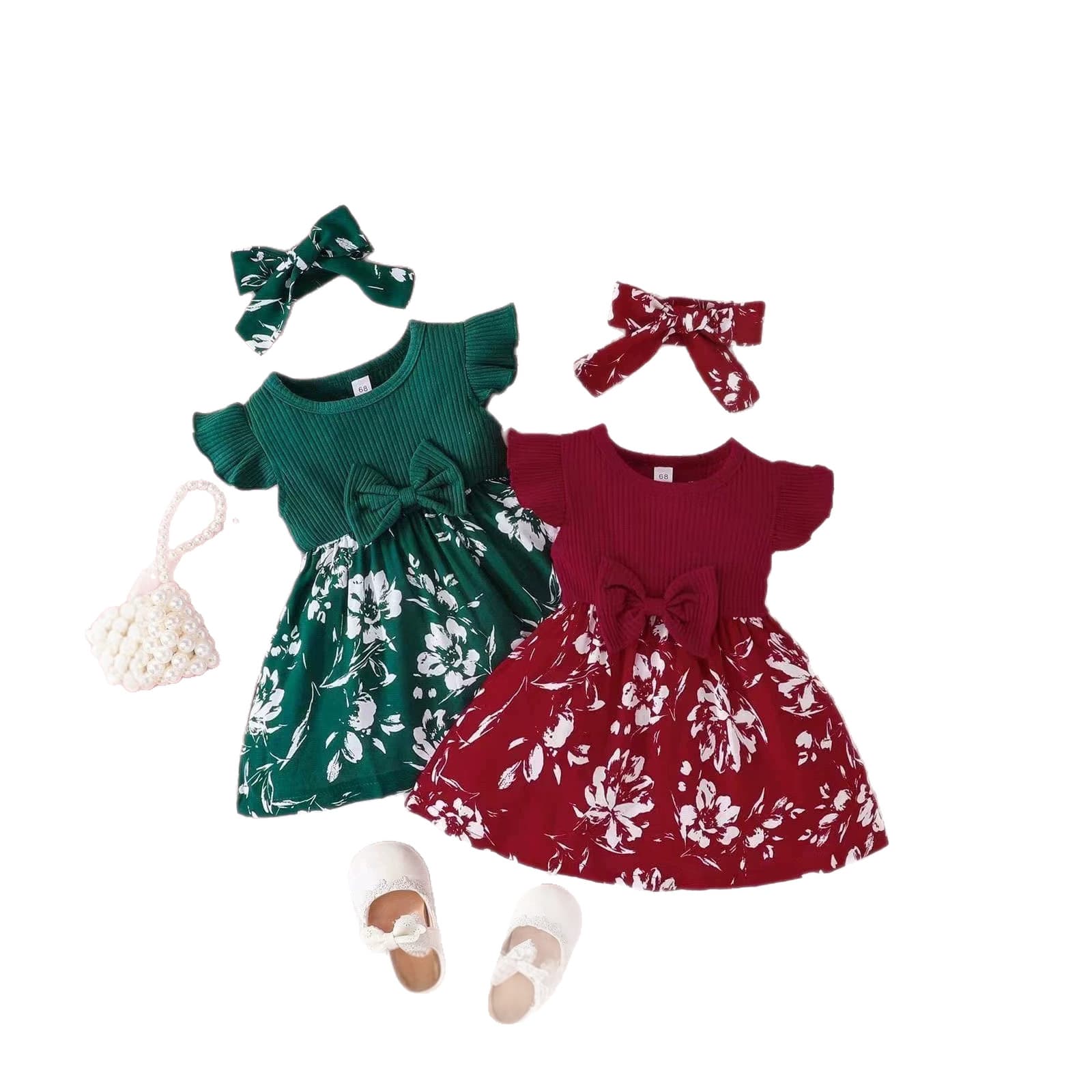 Baby One-Piece Dress with Floral Trim and Bow, Short-Sleeve Romper, 120g Cotton Bodysuit