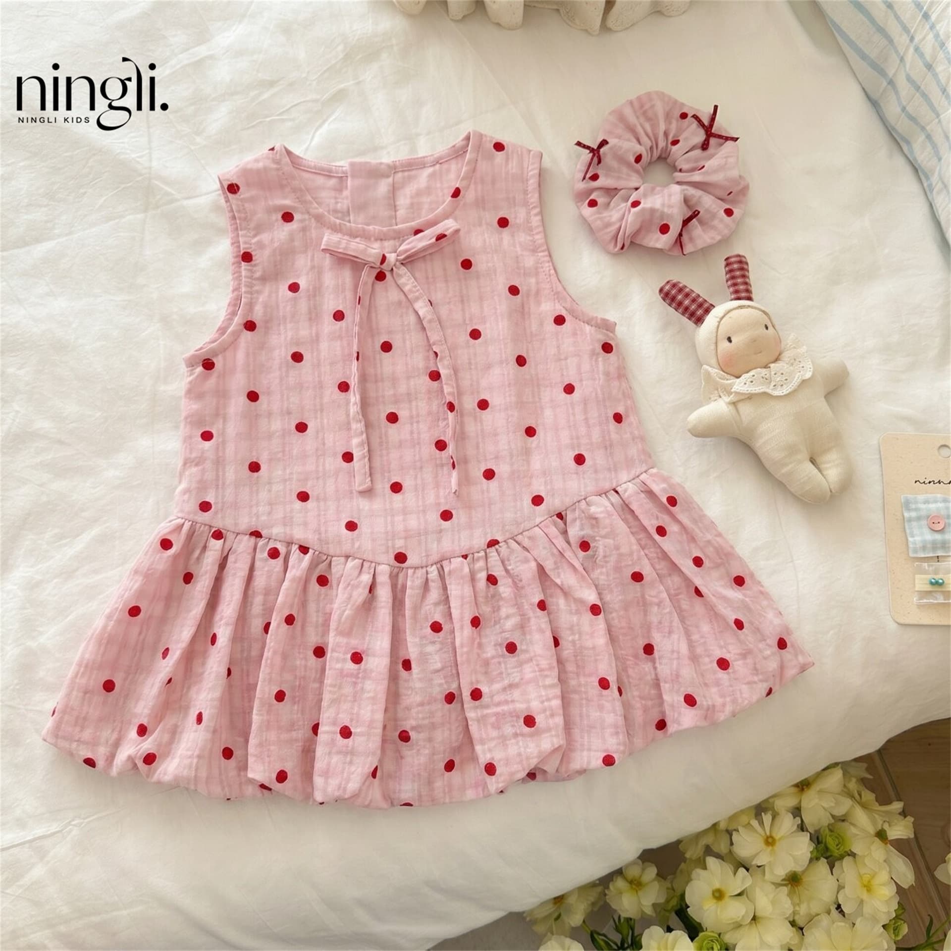 Ningli French-Style Polka Dot Pink Sleeveless Cake Dress Original Girls' Summer Red Polka Dot Floral Tank Dress