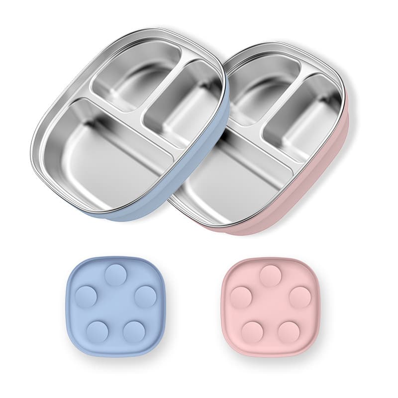 Cross-border Small Square Kids' Plates, Stainless Steel Silicone Utensils with Suction Base, Anti-slip Food-grade Material