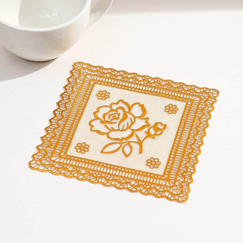 Cross-border Square PVC Coaster with Hollow Design, Heat Insulation, Waterproof, Non-slip, Gold-stamped Rose Pattern Ashtray Mat