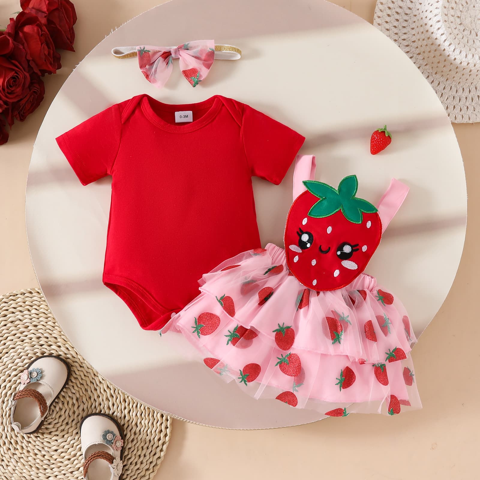 New Summer Sweet Strawberry Flower Short Sleeve Bodysuit with Suspenders and Double-Layer Mesh Skirt + Headband Amazon Dress Set