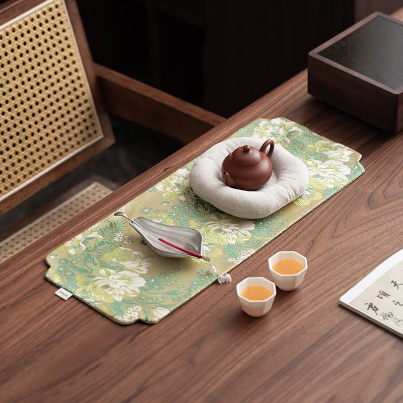 Shulan Chinese Peony Brocade Fabric Tea Mat Double-Sided Waterproof Tea Table Dry Brewing Tea Mat Tea Table Pad