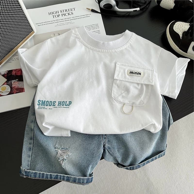 Boys Summer Baby Pocket Short Sleeve 2025 New Children's Fashionable Letter T-Shirt Korean Style Top