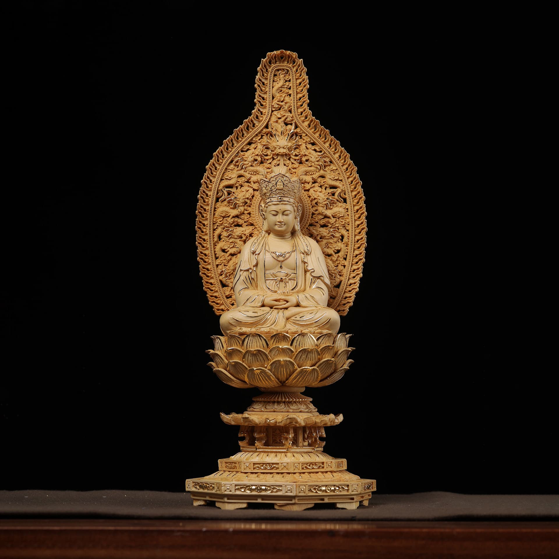 Hinoki Wood Carved Gold-Painted Nine-Dragon Back Screen Vairocana Avalokiteshvara Bodhisattva Ornament for Worship Decoration