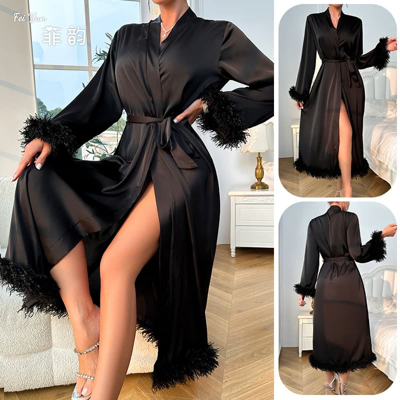 New European and American Cross-Border Solid Color Sexy Feather Long Sleeve Comfortable Robe Breathable Casual Wear for Home and Outing 710